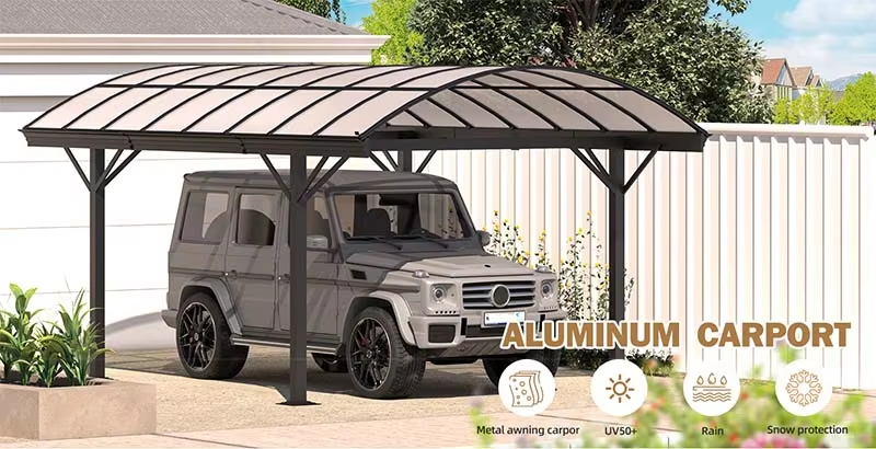 A parked car situated beneath a carport, offering protection from weather conditions.