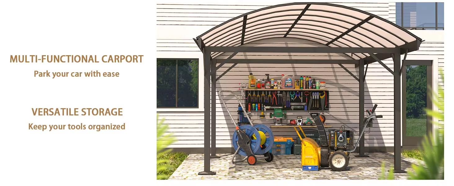 A carport featuring a storage area filled with various tools and equipment for maintenance and repairs.