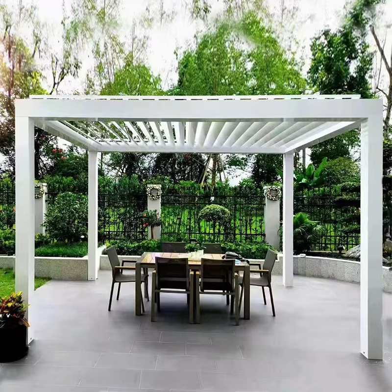 A white pergola shelters a dining table surrounded by chairs, creating an inviting outdoor dining space.