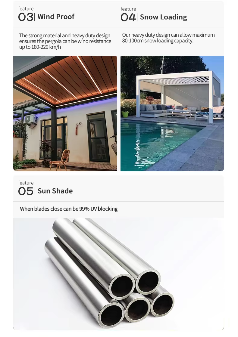 Different styles of aluminum Louver Pavilion, illustrating options for durability and aesthetic appeal in construction.