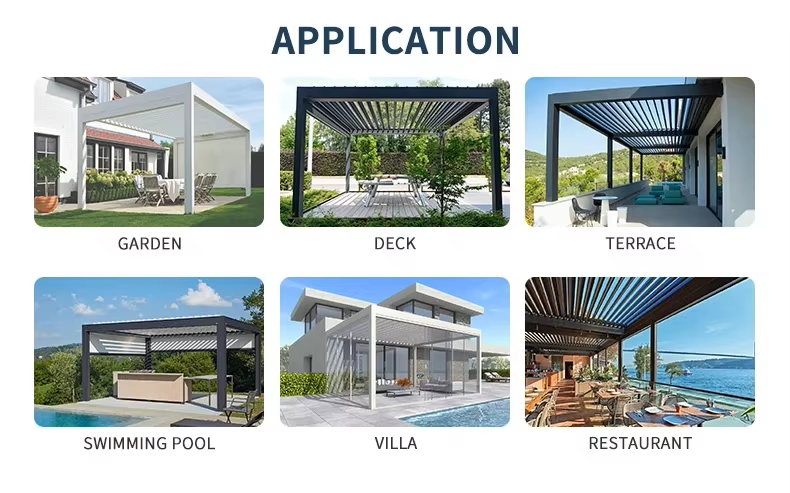 A collection of outdoor Louver Pavilion, including chairs, tables, and decorative items for outdoor spaces.